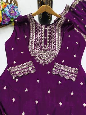 Purple designer chinon sequins embroidered work readymade suit 4