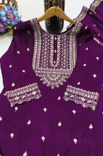 Purple designer chinon sequins embroidered work readymade suit