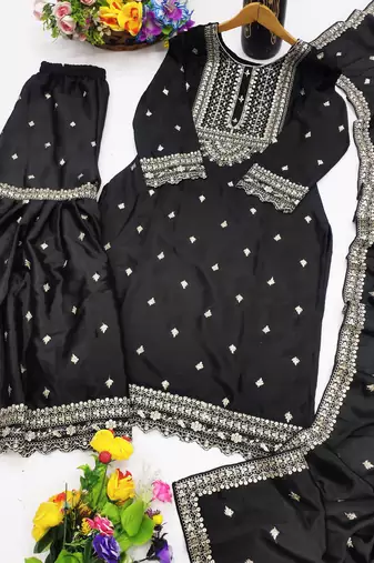 Black designer chinon sequins embroidered work readymade suit