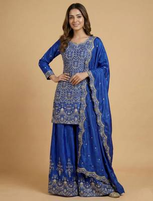 Blue designer chinon sequins embroidered work readymade suit 2