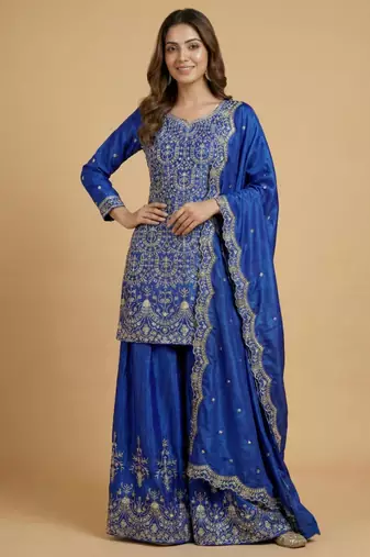 Blue designer chinon sequins embroidered work readymade suit