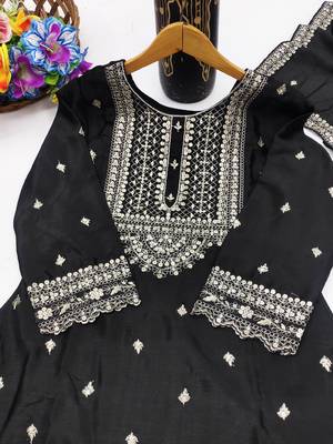 Black designer chinon sequins embroidered work readymade suit 4