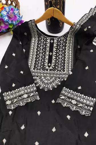 Black designer chinon sequins embroidered work readymade suit