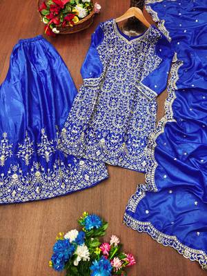 Blue designer chinon sequins embroidered work readymade suit 3