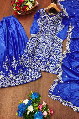 Blue designer chinon sequins embroidered work readymade suit