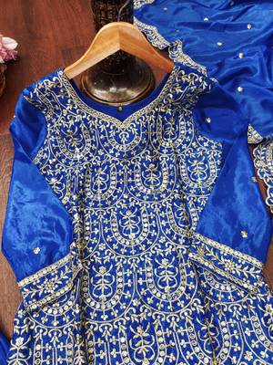 Blue designer chinon sequins embroidered work readymade suit 4