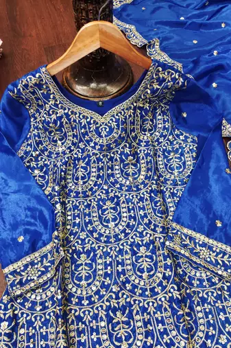 Blue designer chinon sequins embroidered work readymade suit