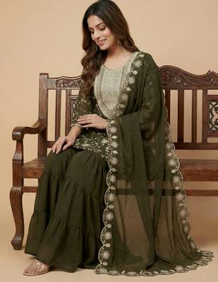 Mehendi green designer fox georgette embroidered work readymade suit 2