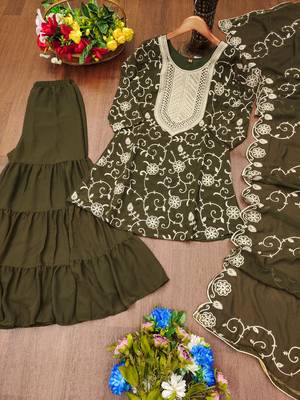 Mehendi green designer fox georgette embroidered work readymade suit 3