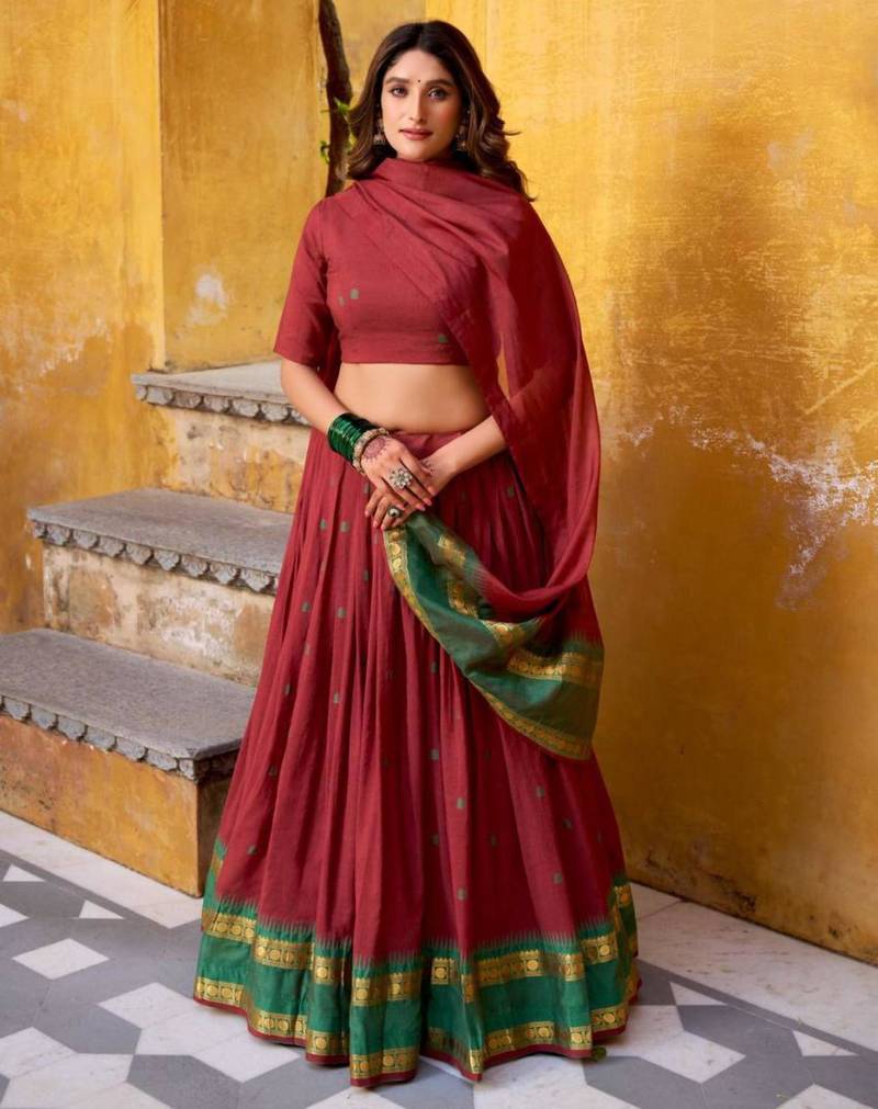 maroon chanderi embroidered lehenga set