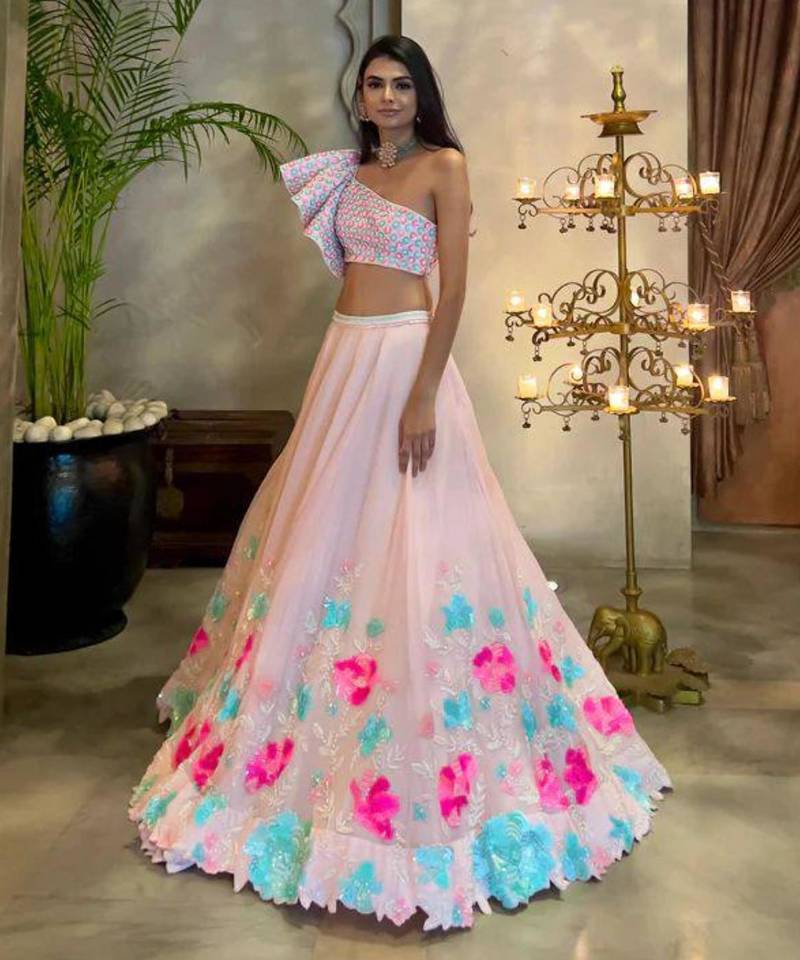 pink georgette embroidered lehenga set