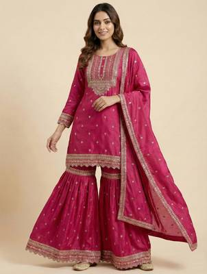 Pink designer chinon sequins embroidered work readymade suit 2