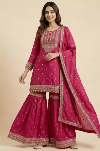 Pink designer chinon sequins embroidered work readymade suit