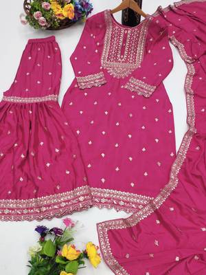 Pink designer chinon sequins embroidered work readymade suit 3