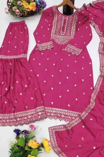 Pink designer chinon sequins embroidered work readymade suit
