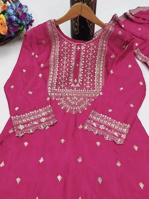 Pink designer chinon sequins embroidered work readymade suit 4