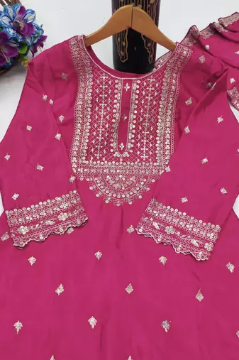 Pink designer chinon sequins embroidered work readymade suit
