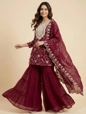 Pink designer fox georgette embroidered work readymade suit 2