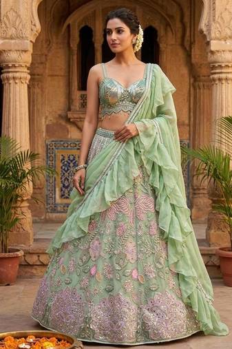 sea green silkblend embroidered lehenga set