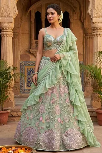 sea green silkblend embroidered lehenga set