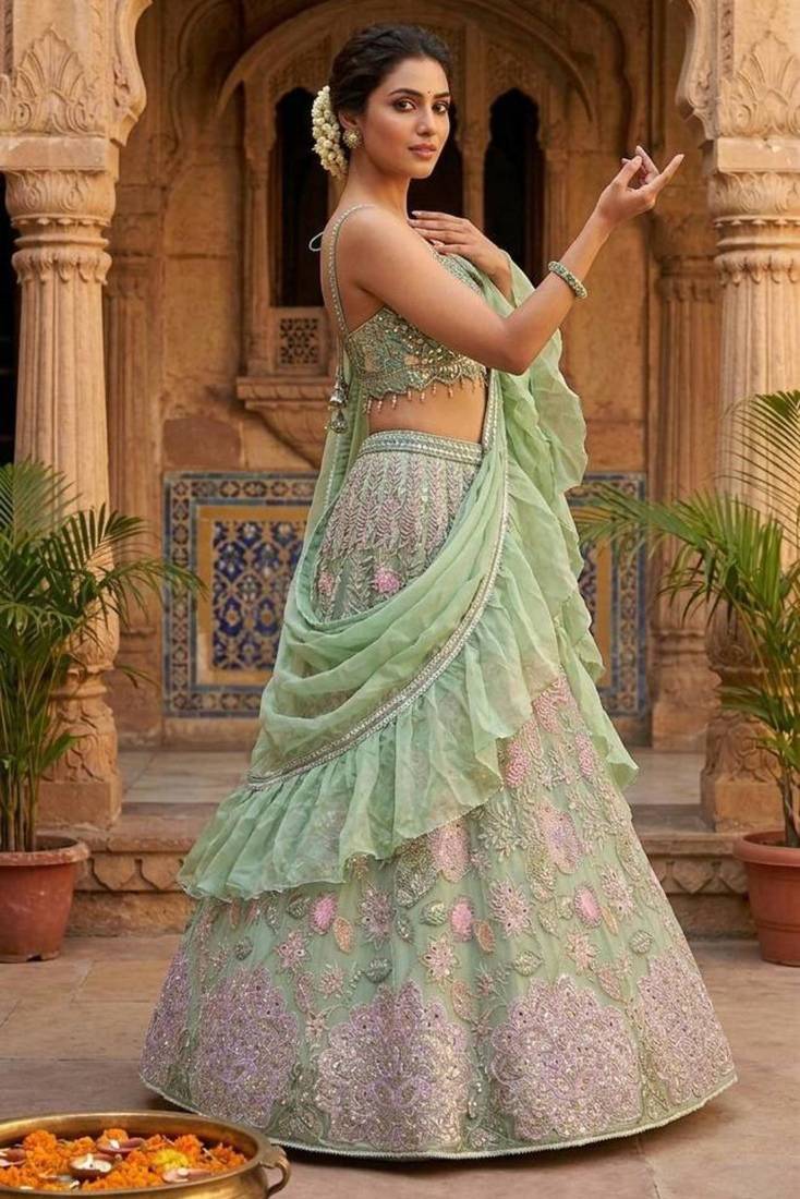 sea green silkblend embroidered lehenga set