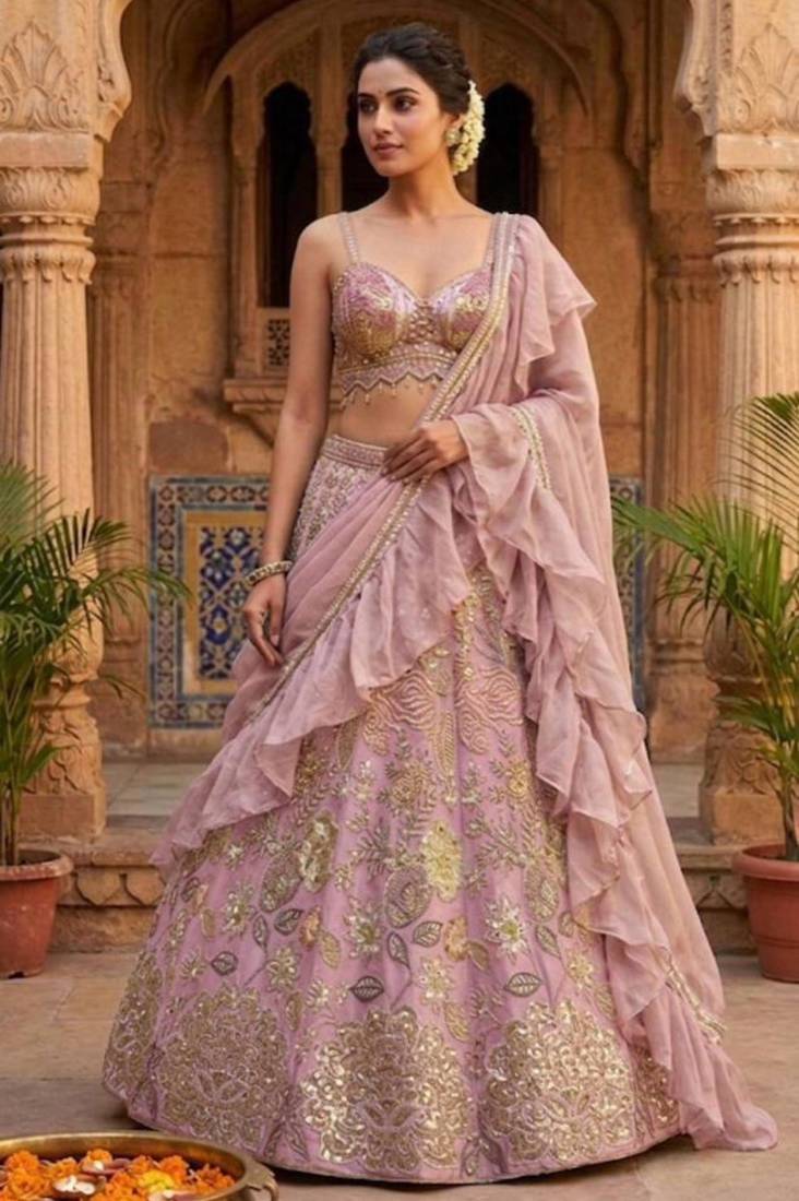 pink silkblend embroidered lehenga set