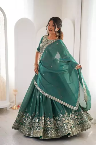 sea green silkblend embroidered lehenga set