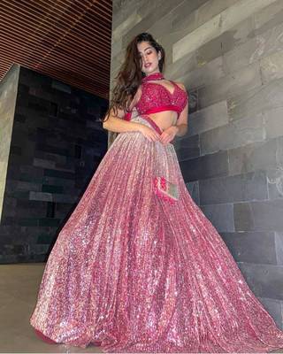 pink satin embroidered lehenga set 2