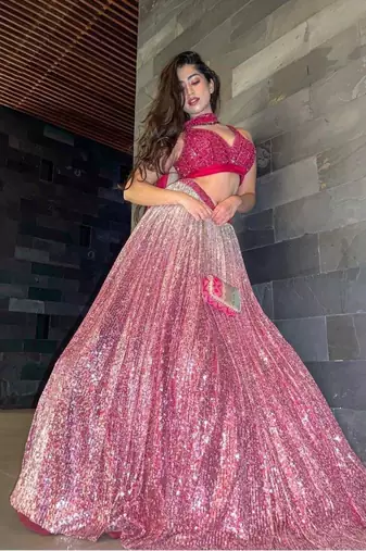 pink satin embroidered lehenga set