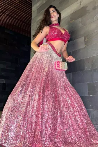 pink satin embroidered lehenga set