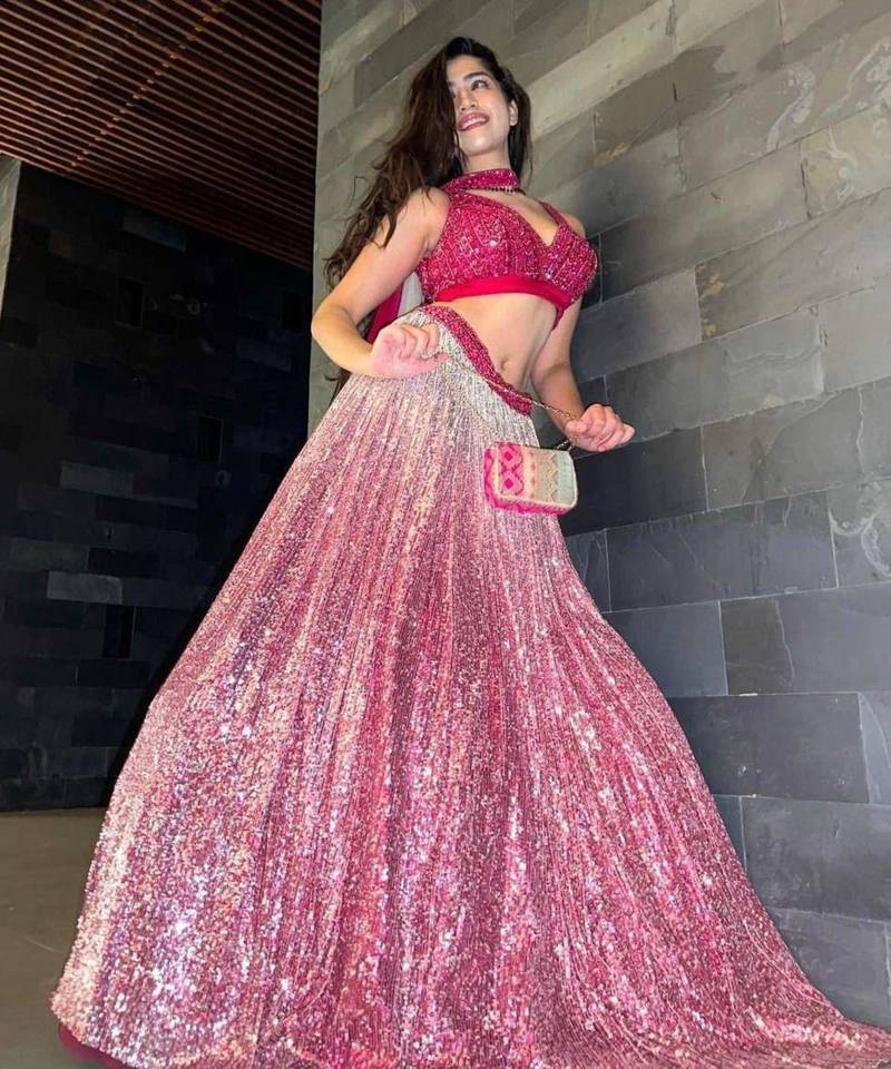 pink satin embroidered lehenga set