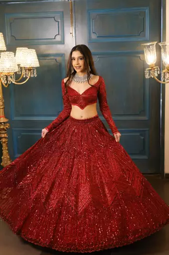 maroon georgette embroidered lehenga set