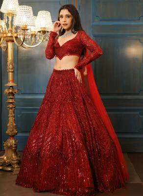 maroon georgette embroidered lehenga set 3