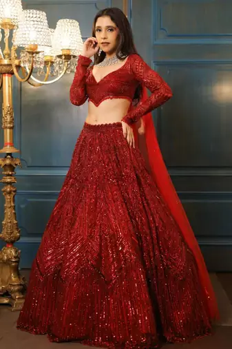 maroon georgette embroidered lehenga set