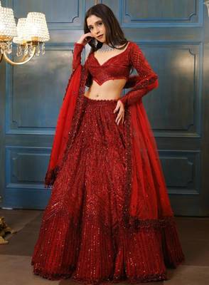 maroon georgette embroidered lehenga set 1