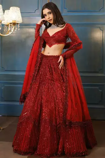 maroon georgette embroidered lehenga set