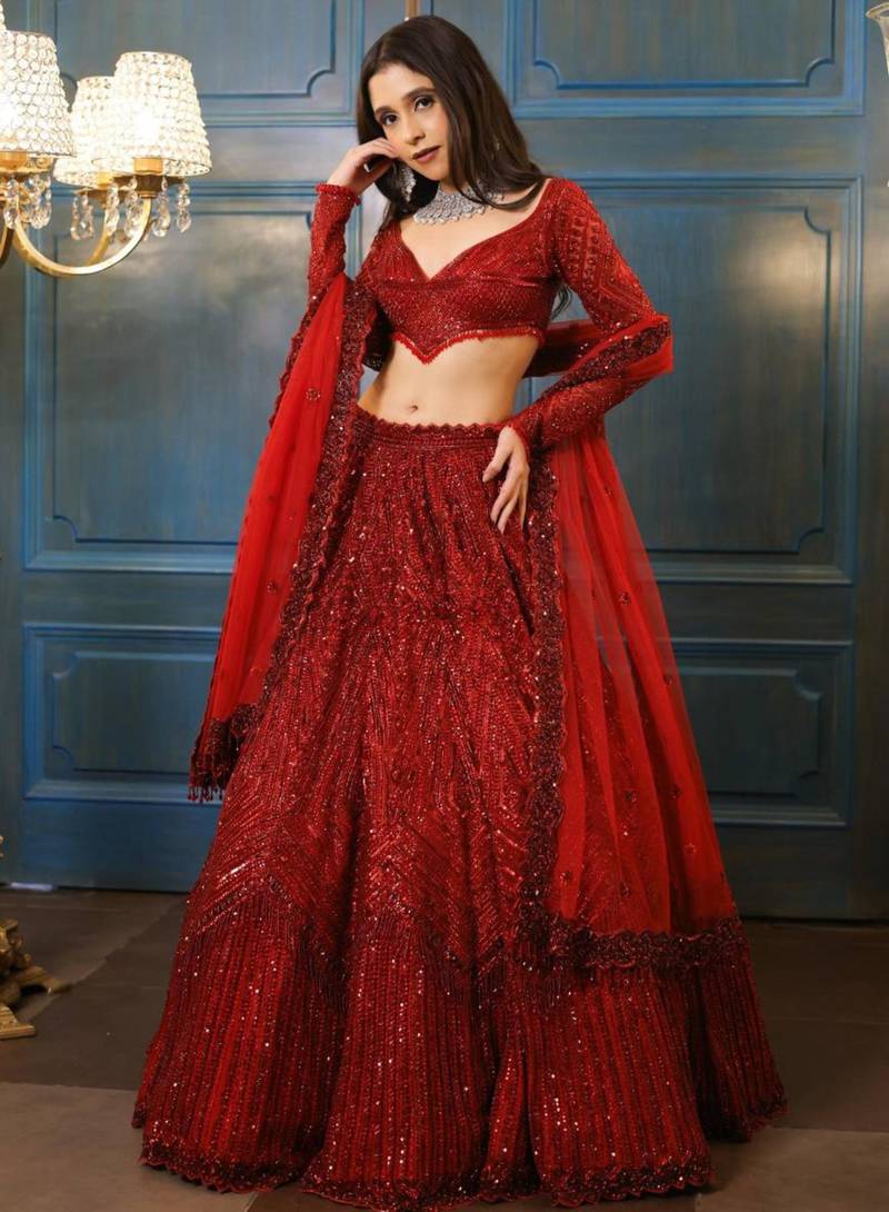 maroon georgette embroidered lehenga set