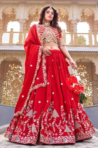 red silkblend embroidered lehenga set