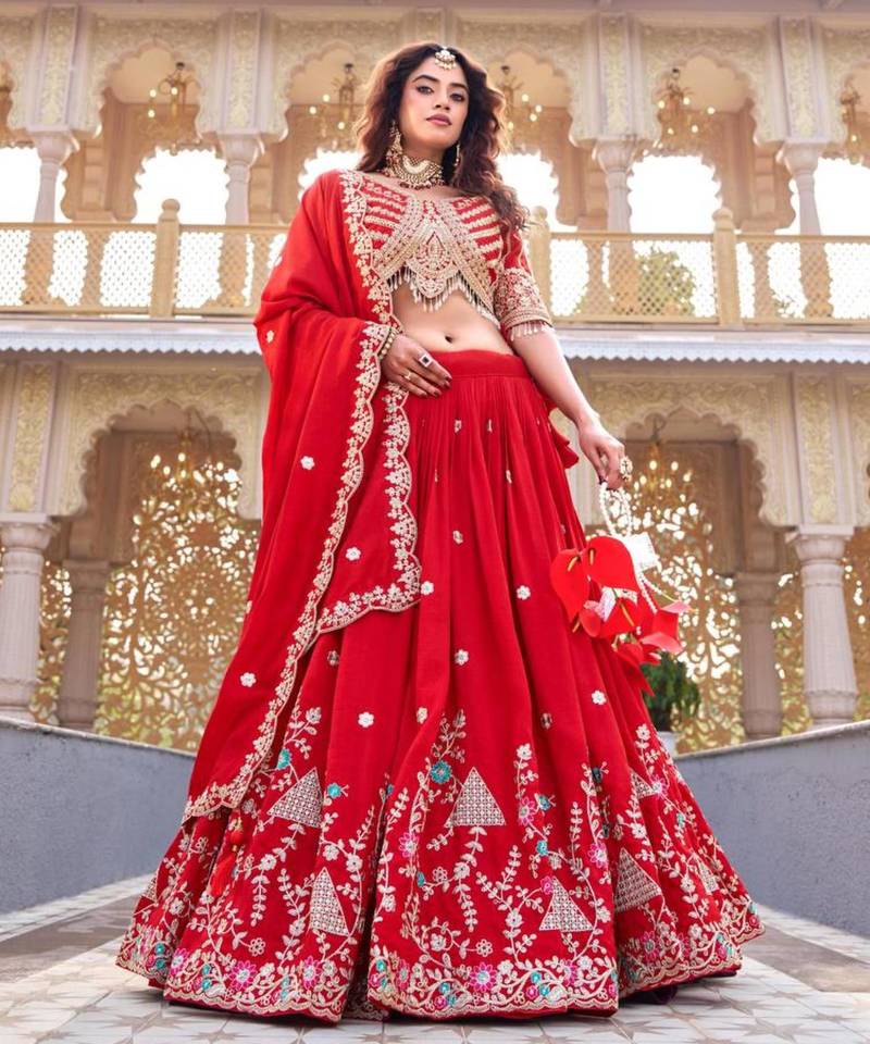 red silkblend embroidered lehenga set