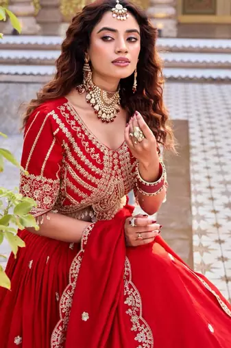 red silkblend embroidered lehenga set