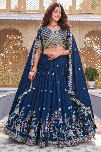 blue silkblend embroidered lehenga set