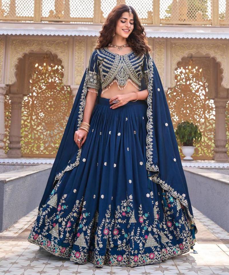 blue silkblend embroidered lehenga set