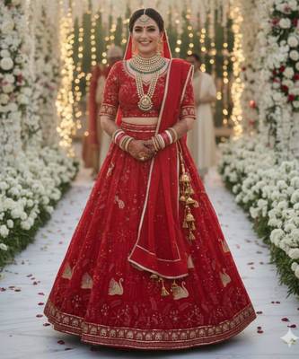 red georgette embroidered lehenga set 1