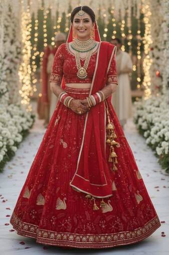 red georgette embroidered lehenga set