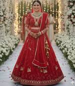 red georgette embroidered lehenga set