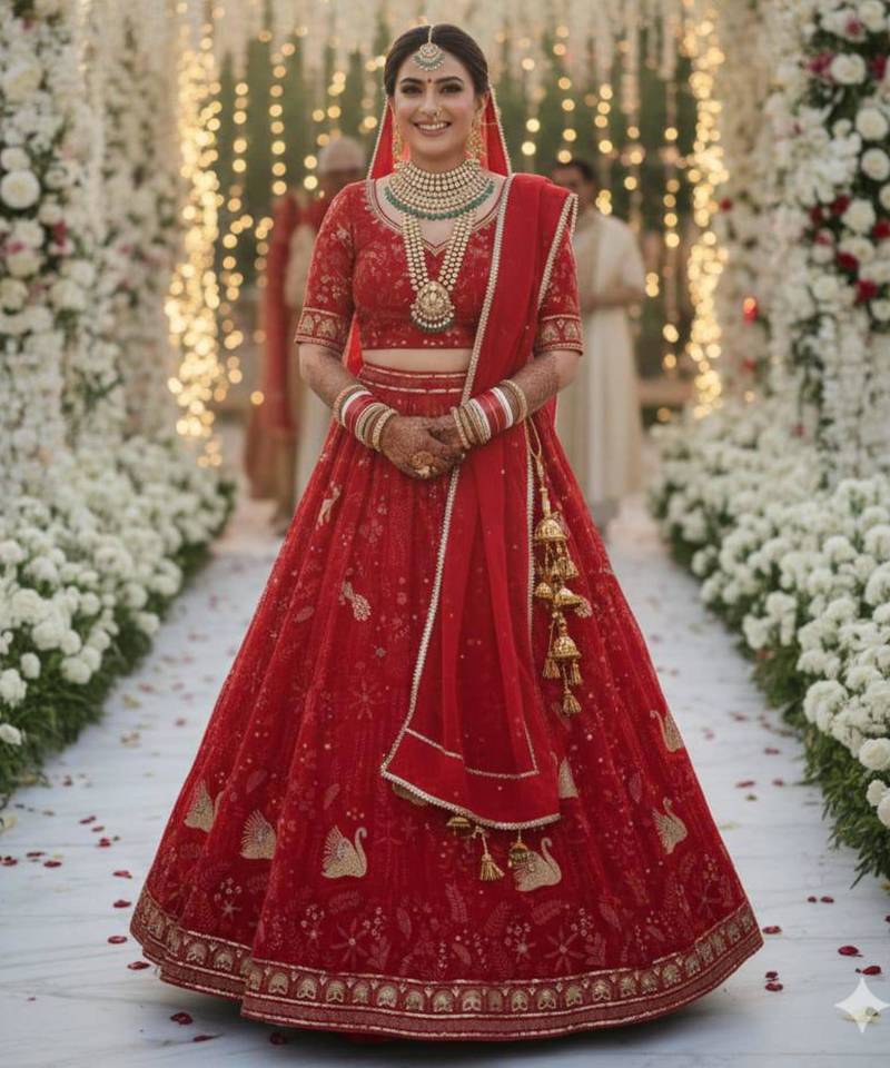 red georgette embroidered lehenga set