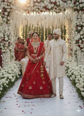 red georgette embroidered lehenga set 2