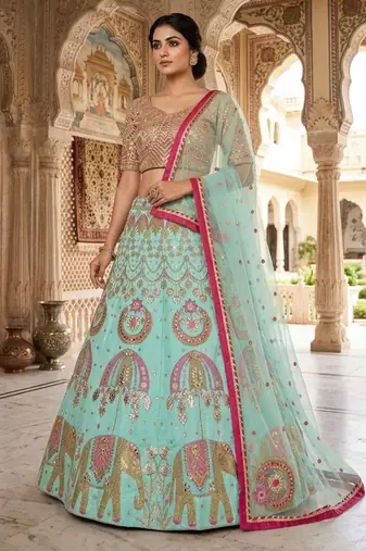 sea green silkblend embroidered lehenga set