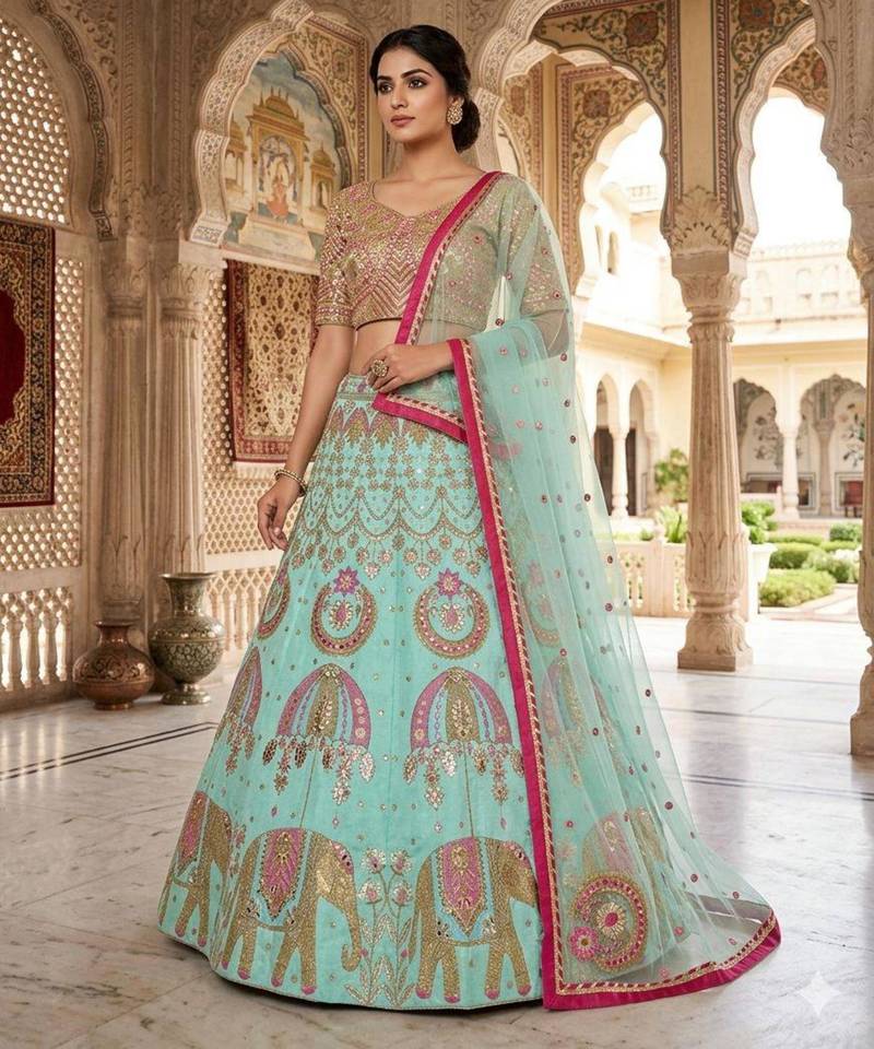 sea green silkblend embroidered lehenga set