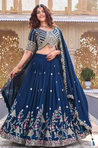 blue silkblend embroidered lehenga set